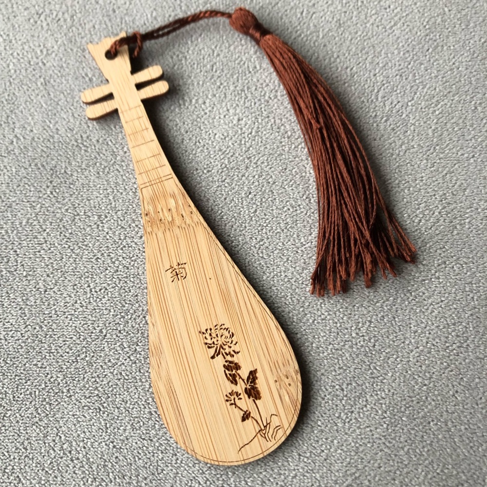 Bamboo Bookmark ~ Etched Design of Asian Lute ~ Brand New!